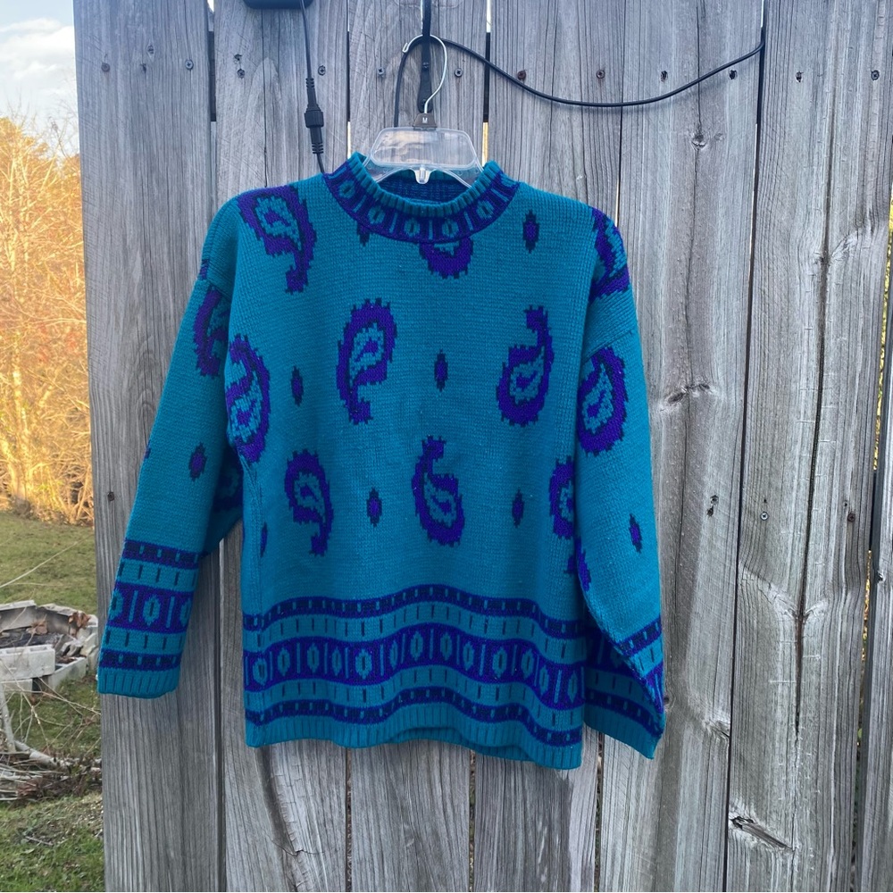 Vintage Kate Collins PL made in USA Teal Purple Paisley‎ Sweater